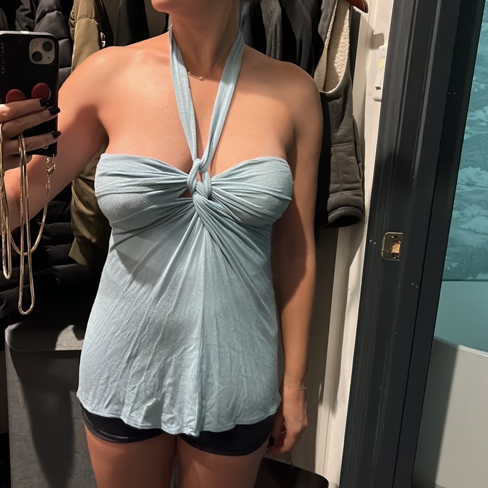 MASON Blue halter top shirt petite or small back cutout open back blouse tank - Picture 6 of 7